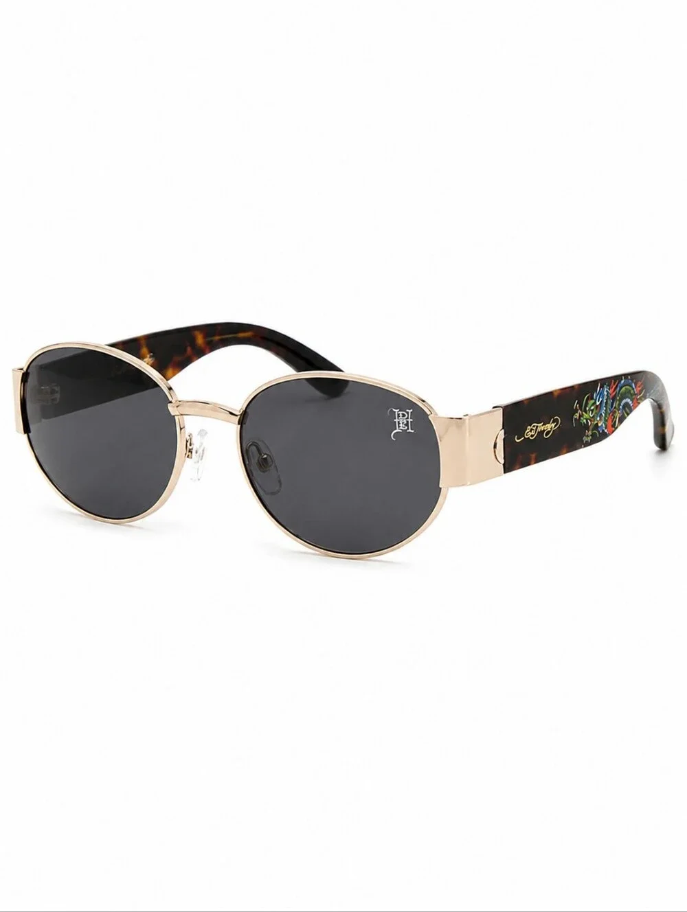 🥳 ED HARDY Dragon Sunglasses Y2K Oval Tortoise Shades Black Gold Streetwear NWT